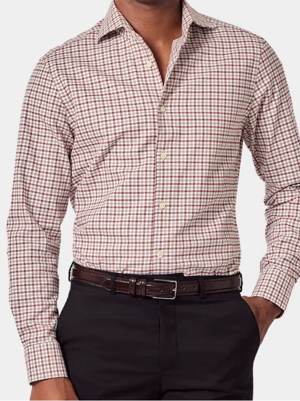 David Donahue Burgundy and White Checked Dress Shirt
